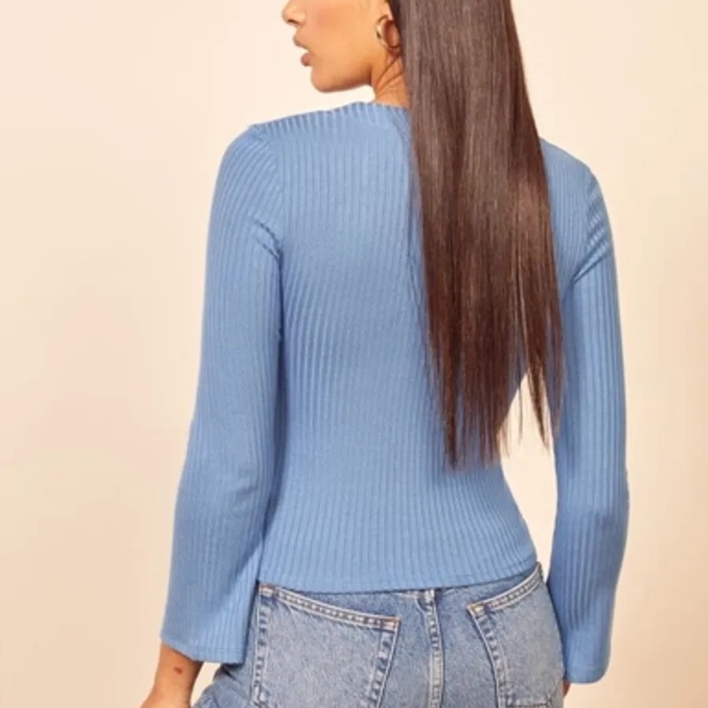Reformation Blue Ribbed Button-Front V-Neck Sweater - Picture 7 of 9